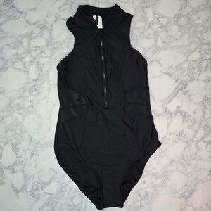 Black High-Neck Zip One-Piece Swimsuit